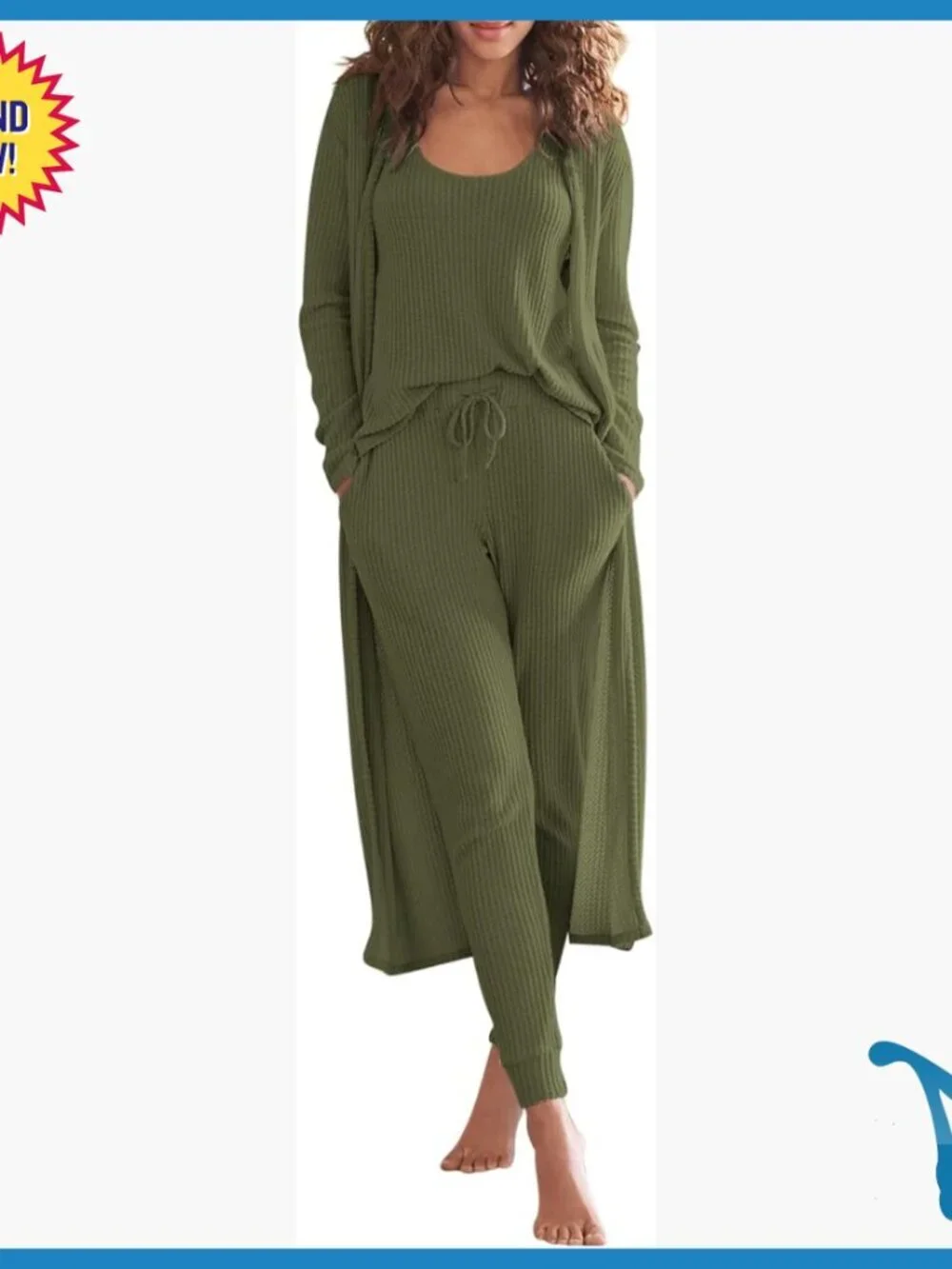 Waffle Knit 3-Piece Lounge Set with Cardigan, Loose Fit, X-Large